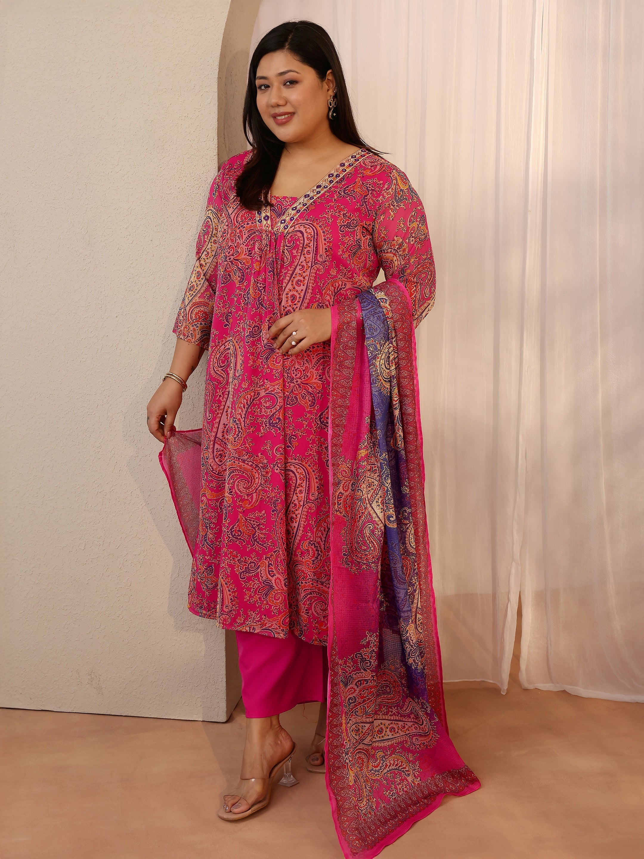 Plus Size Pink Paisley Printed Chiffon A-line Suit Set With Dupatta-image-6