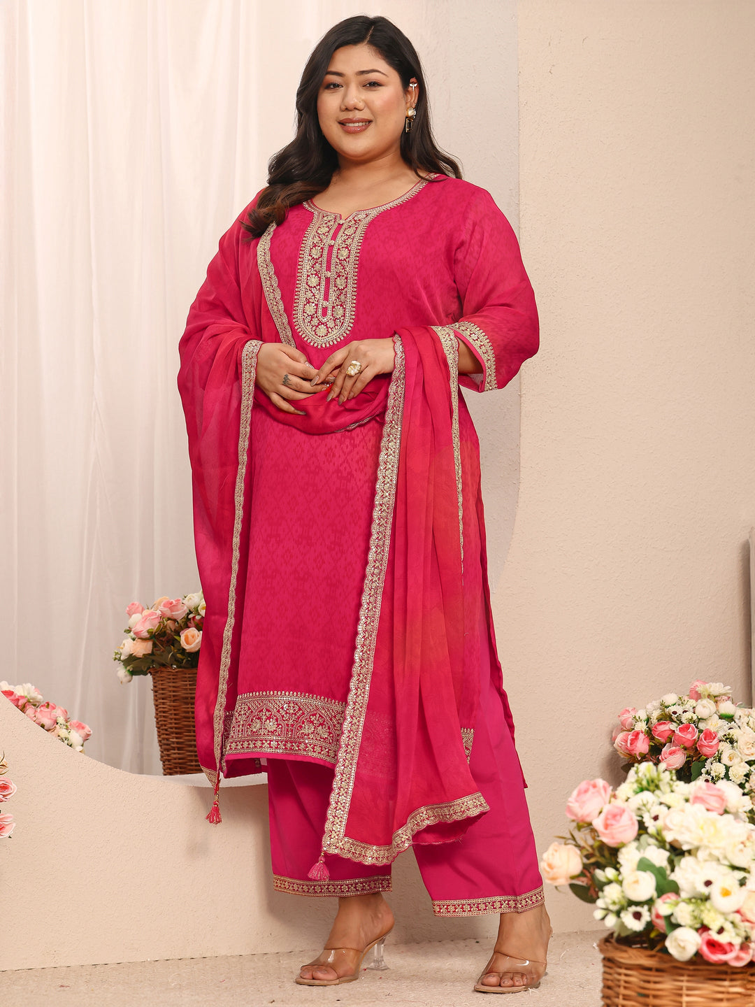 Plus Size Pink Printed Chiffon Straight Suit Set With Dupatta