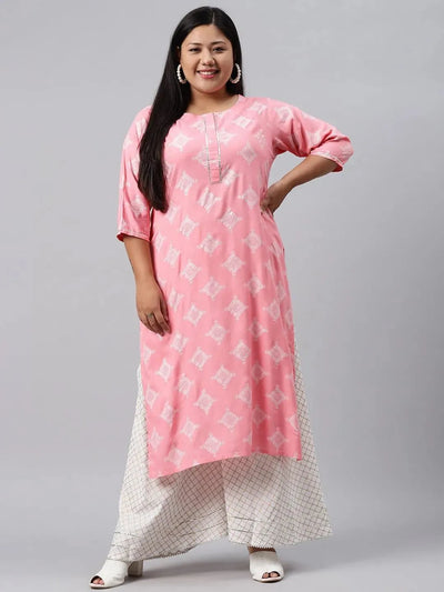 Plus Size Pink Printed Cotton Kurta - Libas