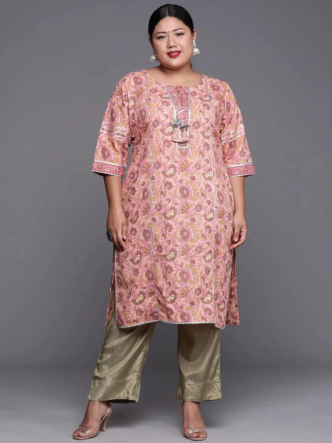 Plus Size Pink Printed Cotton Kurta - Libas