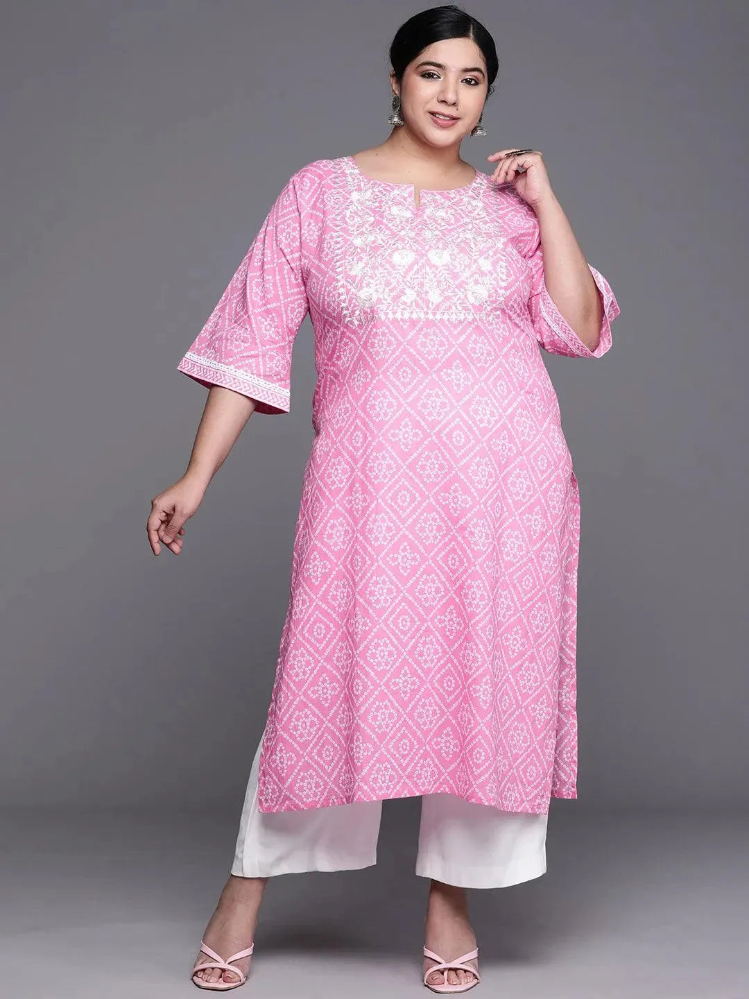Plus Size Pink Yoke Design Cotton Kurta - Libas 