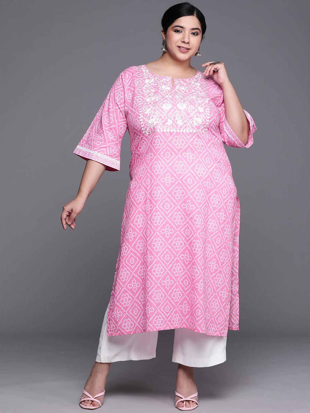 Plus Size Pink Yoke Design Cotton Kurta - Libas