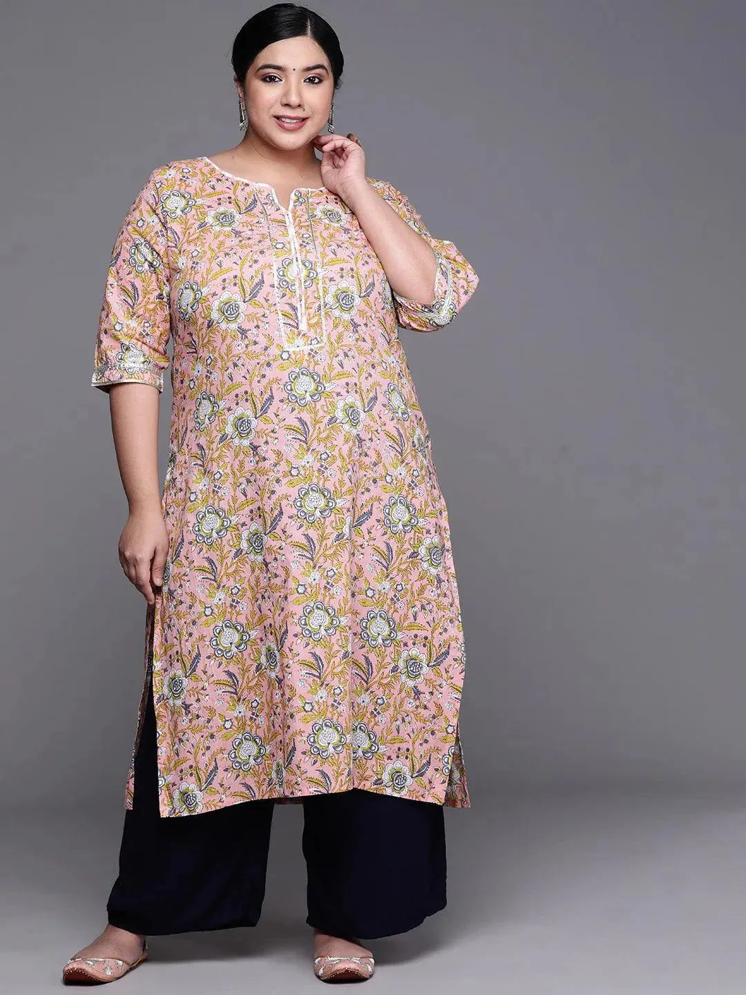 Plus Size Pink Printed Cotton Kurta - Libas