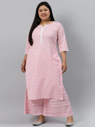 Plus Size Pink Printed Cotton Kurta - Libas