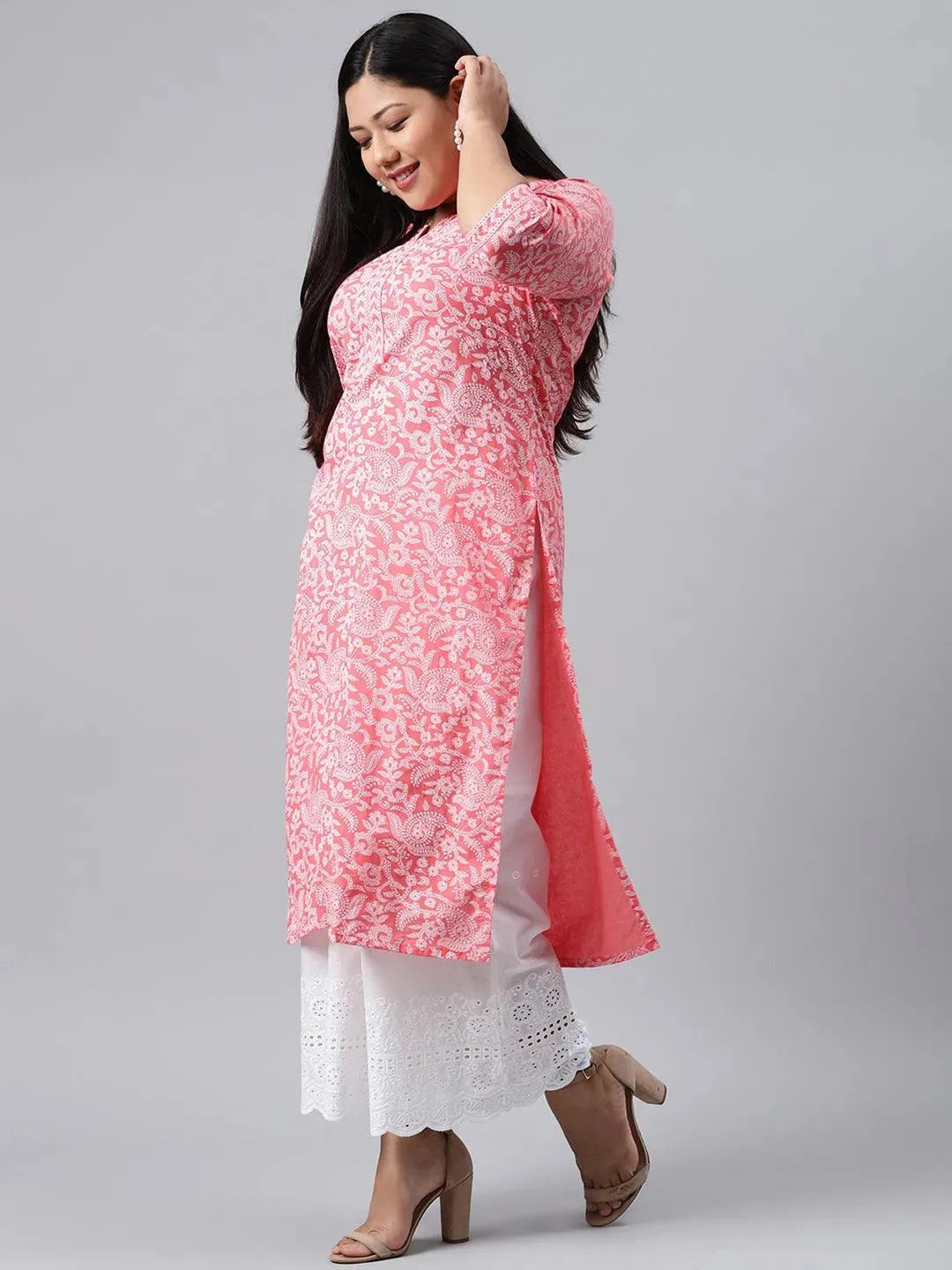 Plus Size Pink Printed Cotton Kurta - Libas 
