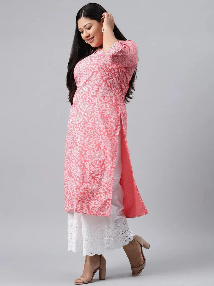 Plus Size Pink Printed Cotton Kurta - Libas