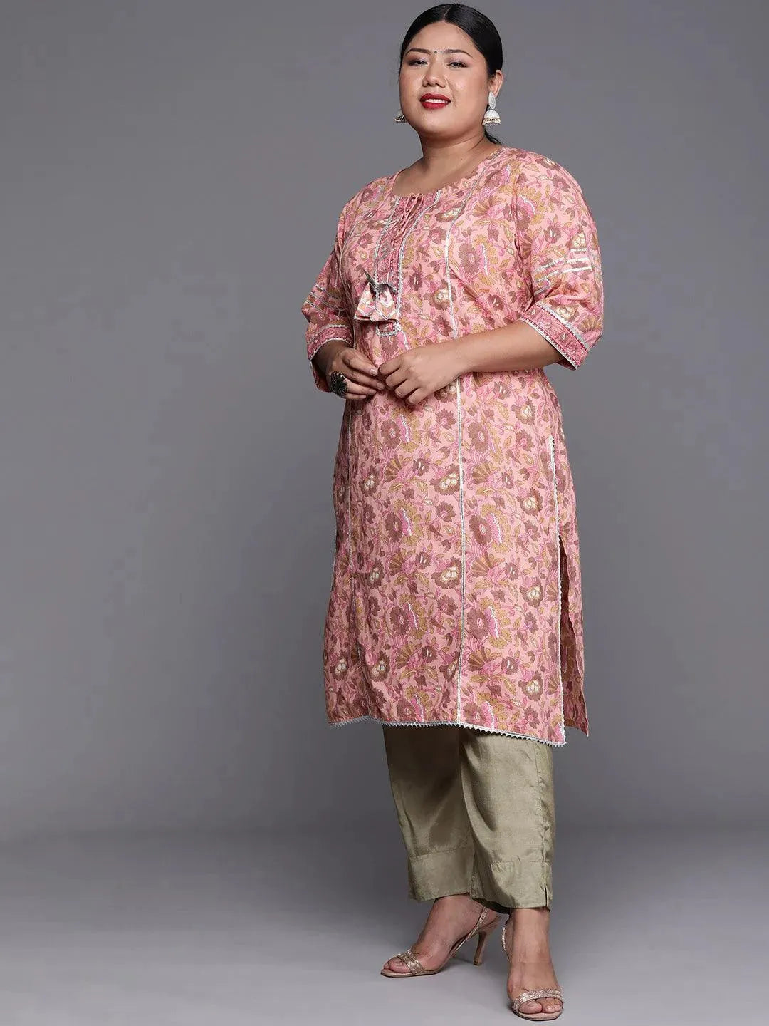 Plus Size Pink Printed Cotton Kurta - Libas 
