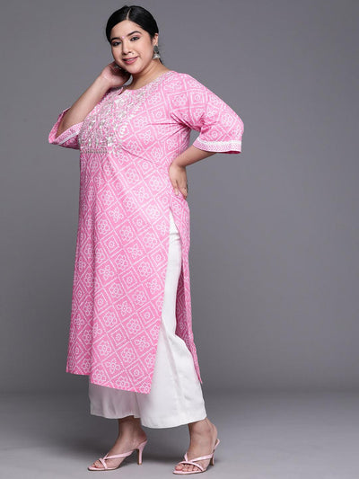 Plus Size Pink Yoke Design Cotton Kurta - Libas