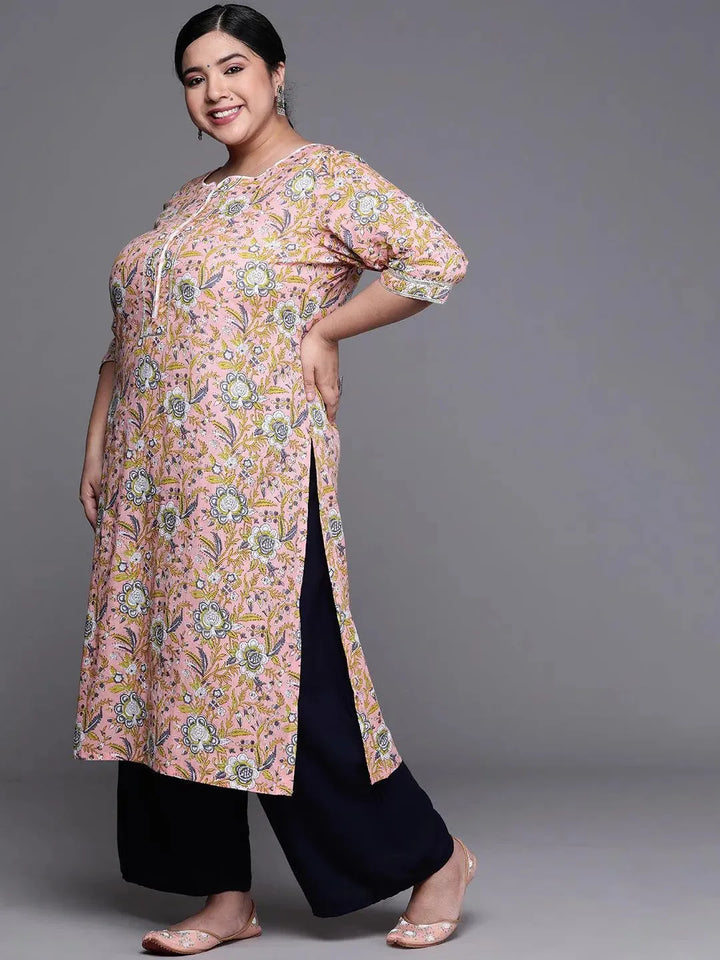 Plus Size Pink Printed Cotton Kurta - Libas