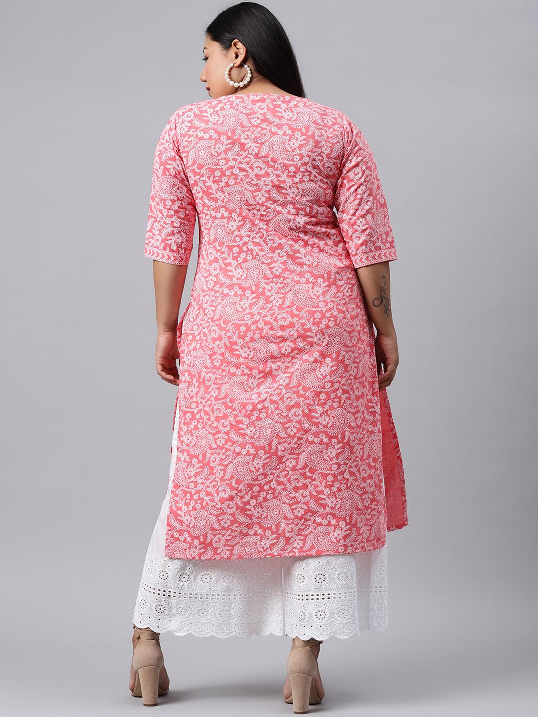 Plus Size Pink Printed Cotton Kurta