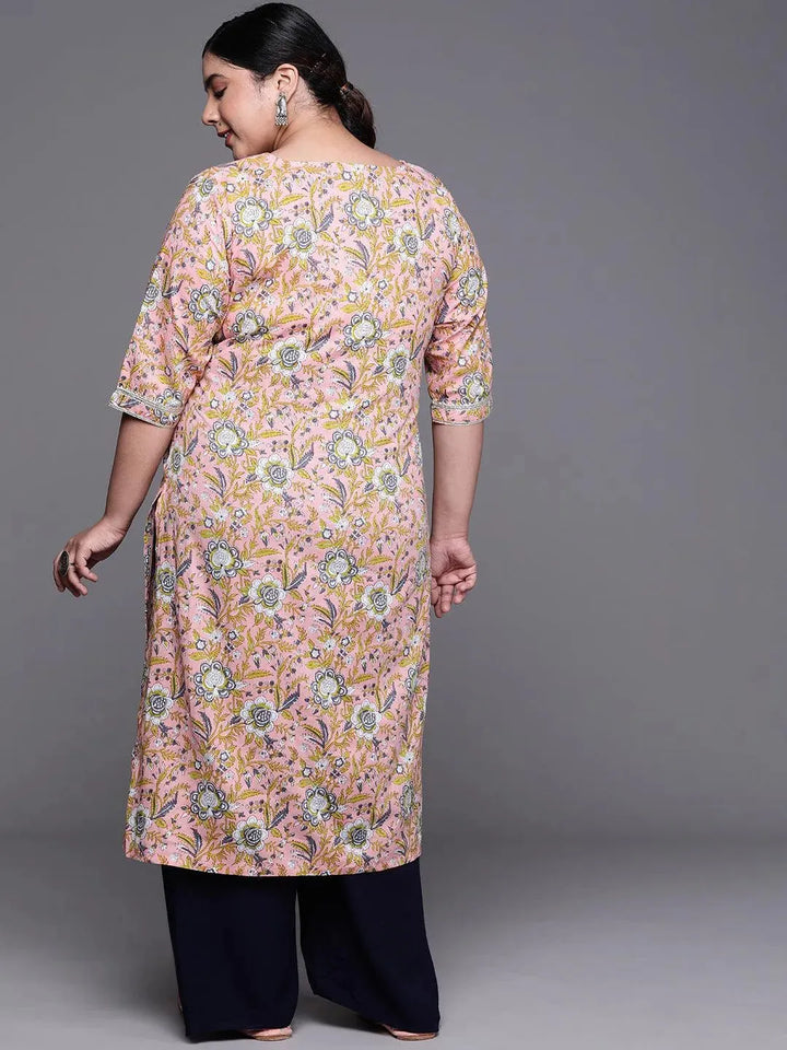 Plus Size Pink Printed Cotton Kurta - Libas