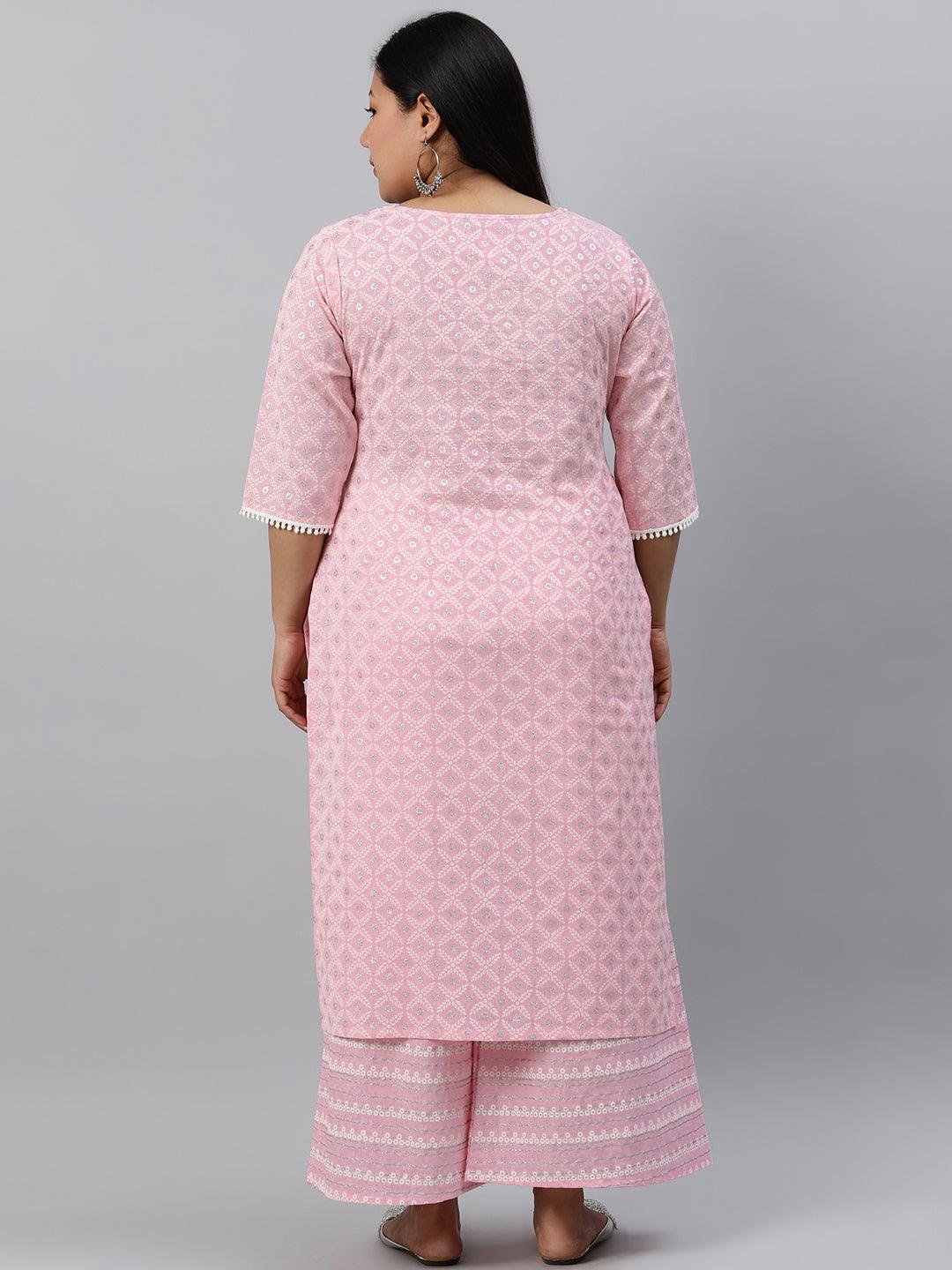 Plus Size Pink Printed Cotton Kurta