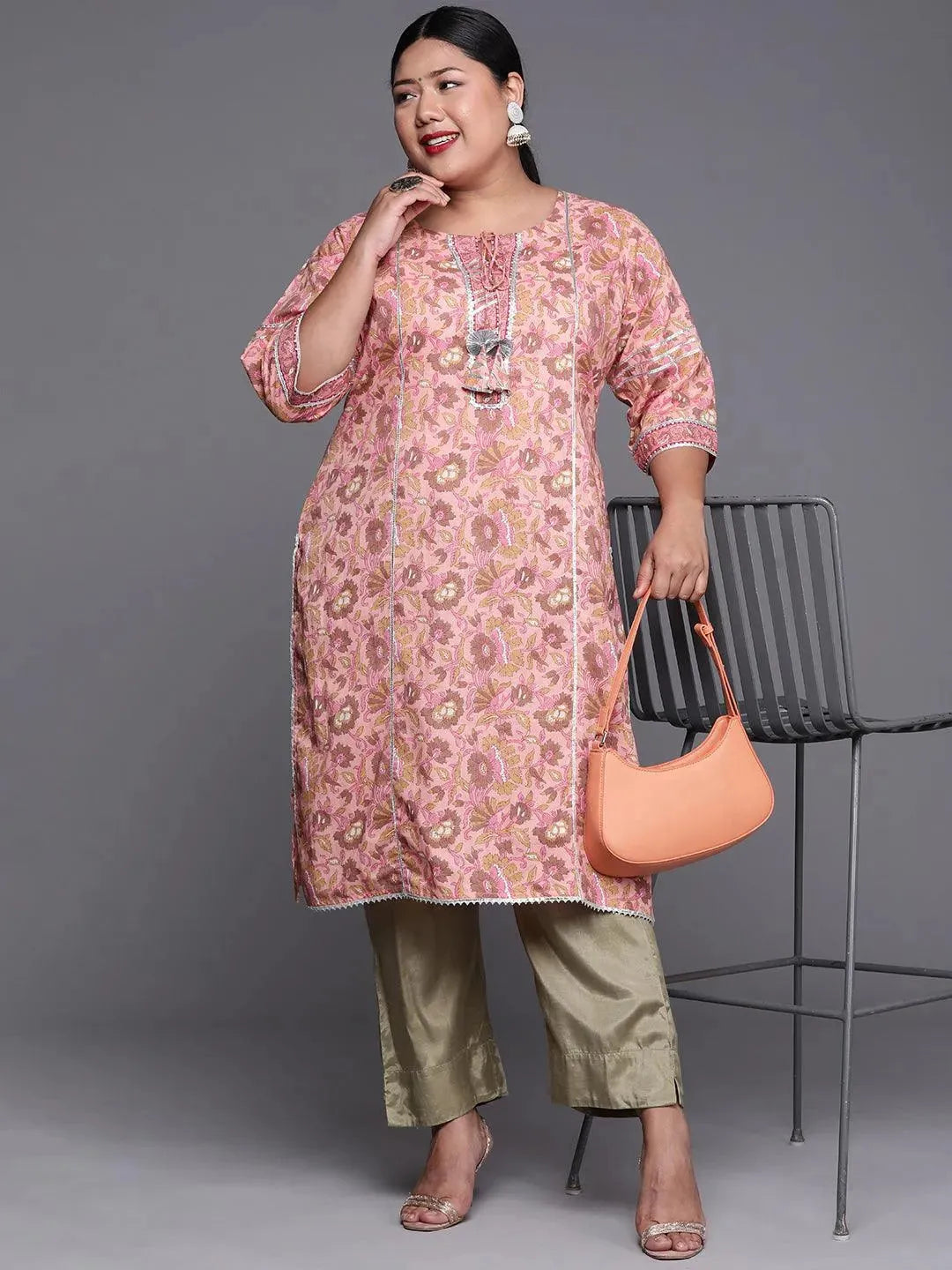 Plus Size Pink Printed Cotton Kurta - Libas