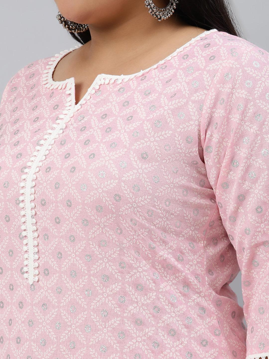 Plus Size Pink Printed Cotton Kurta - Libas