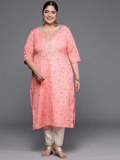 Plus Size Pink Printed Cotton Silk Straight Kurta - Libas