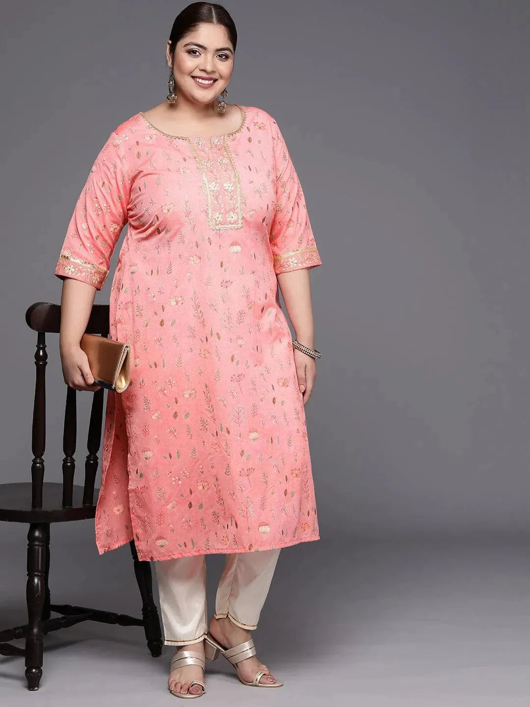 Plus Size Pink Printed Cotton Silk Straight Kurta - Libas 
