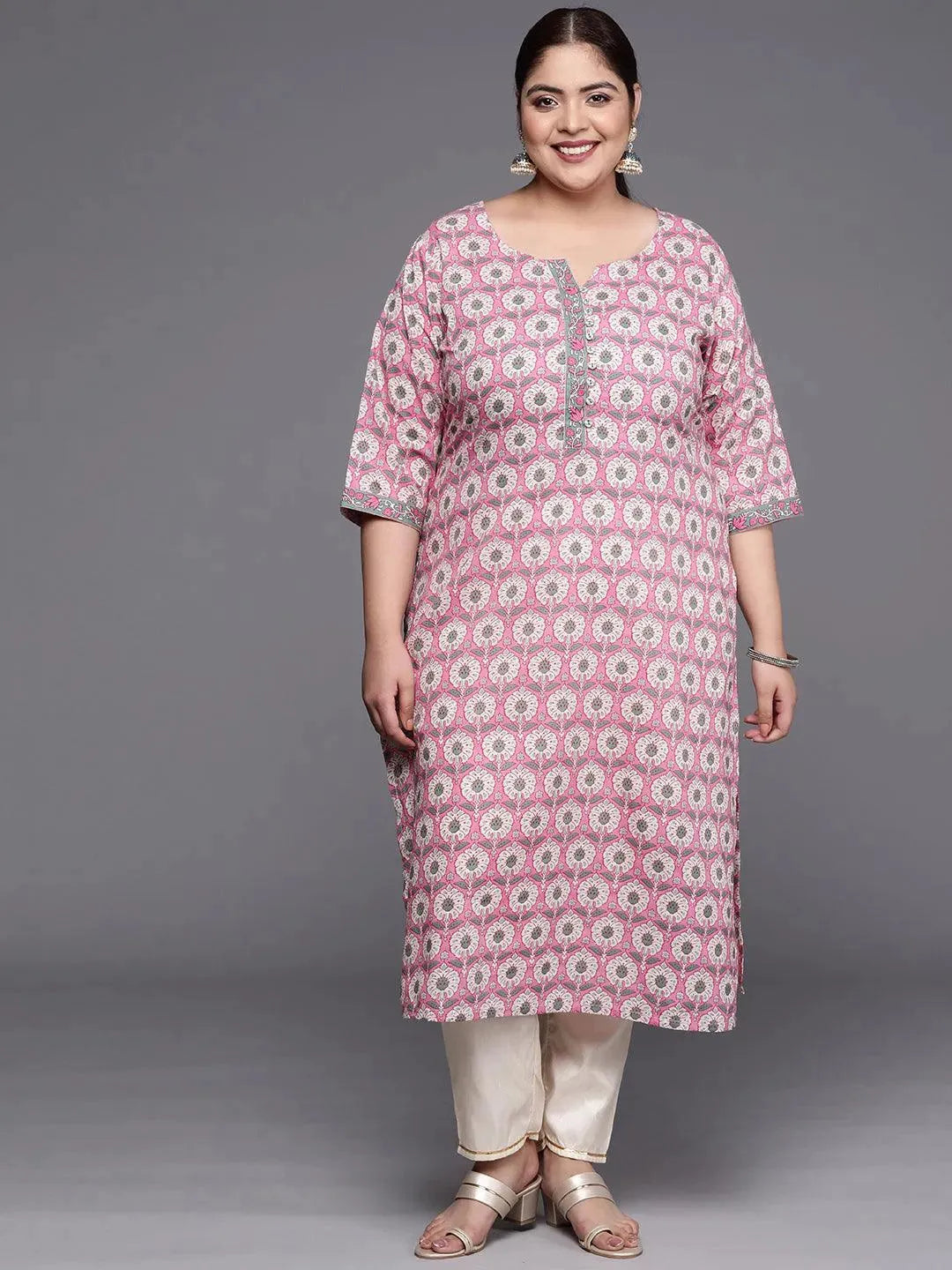 Plus Size Pink Printed Cotton Straight Kurta - Libas