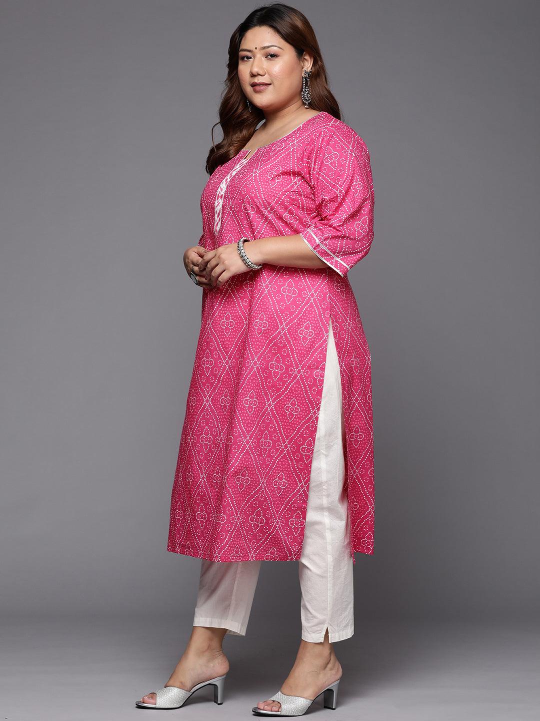 Plus Size Pink Printed Cotton Straight Kurta - Libas