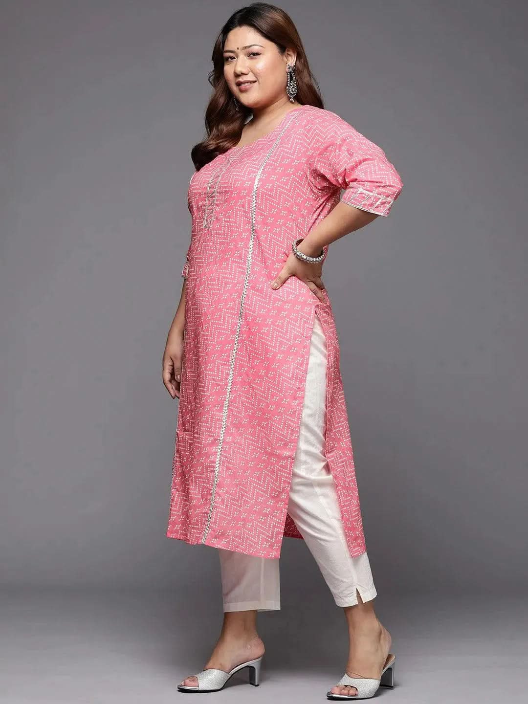 

Plus Size Pink Printed Cotton Straight Kurta