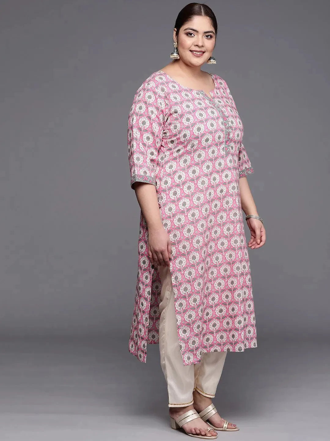 Plus Size Pink Printed Cotton Straight Kurta - Libas 