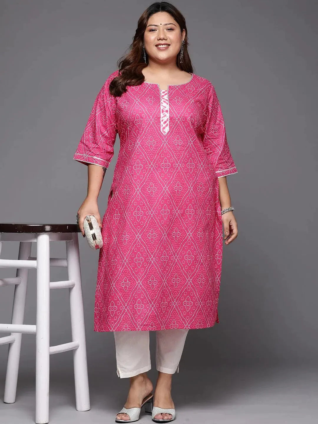 Plus Size Pink Printed Cotton Straight Kurta - Libas 