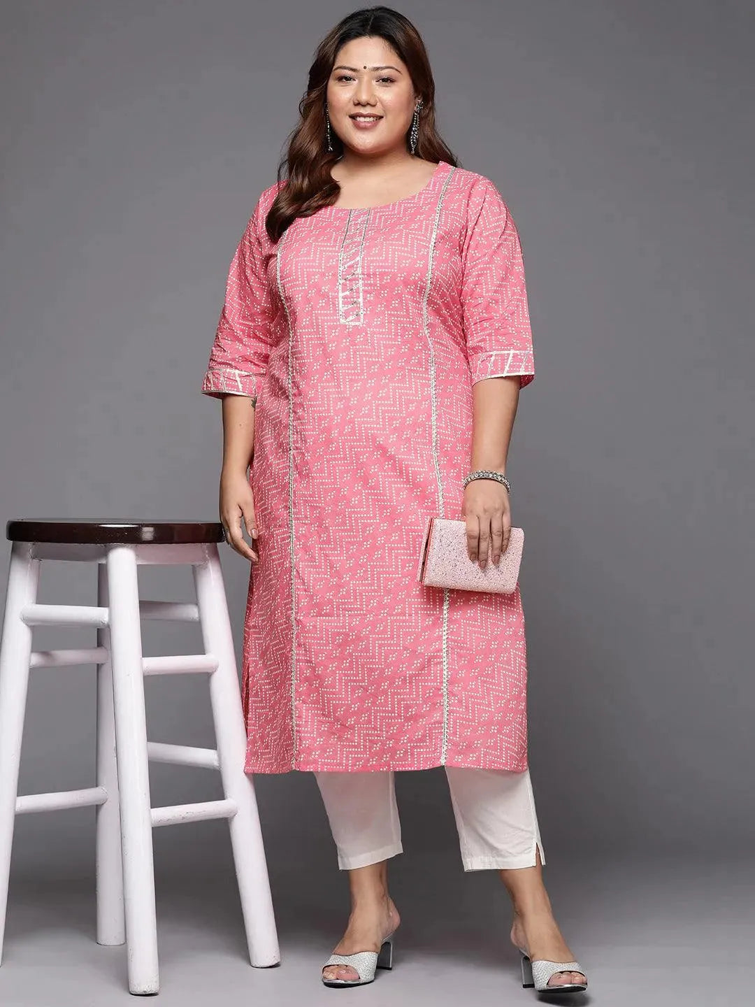 Plus Size Pink Printed Cotton Straight Kurta - Libas 