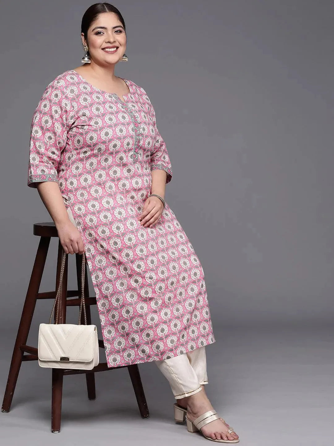 Plus Size Pink Printed Cotton Straight Kurta - Libas