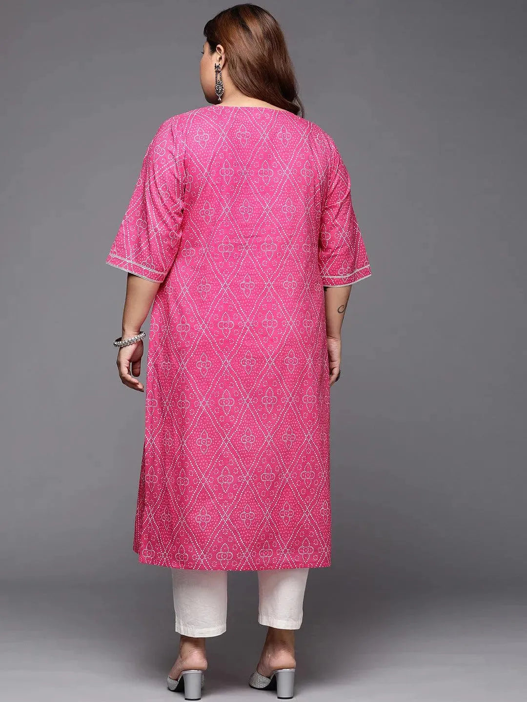 Plus Size Pink Printed Cotton Straight Kurta - Libas 