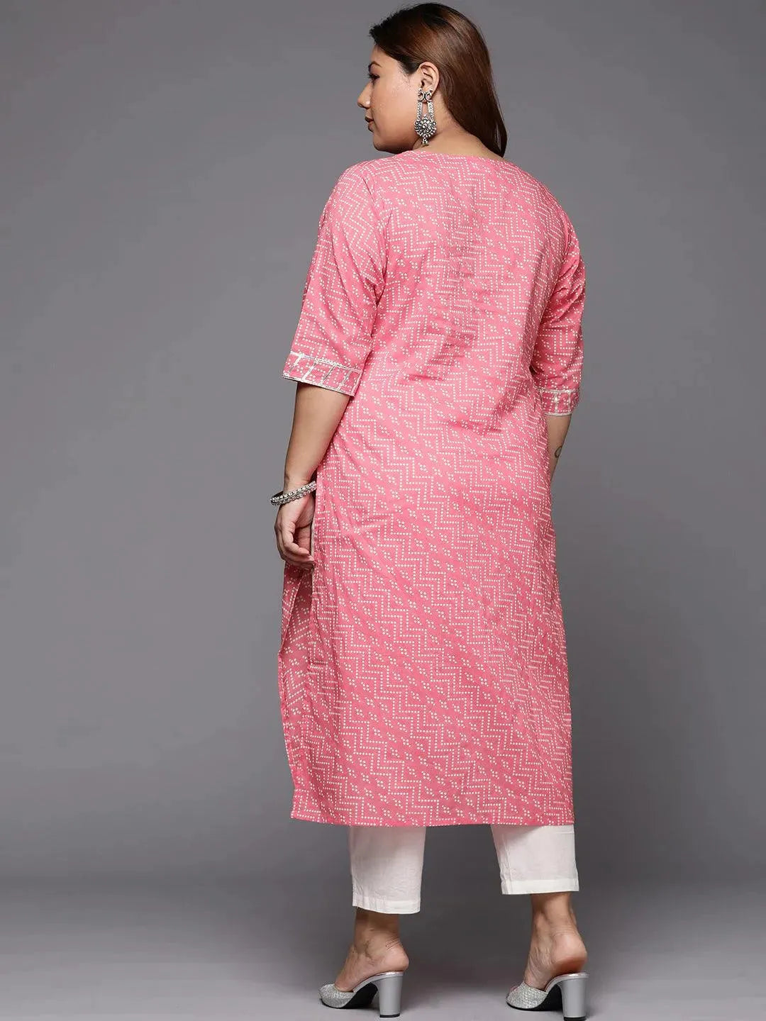 Plus Size Pink Printed Cotton Straight Kurta - Libas 