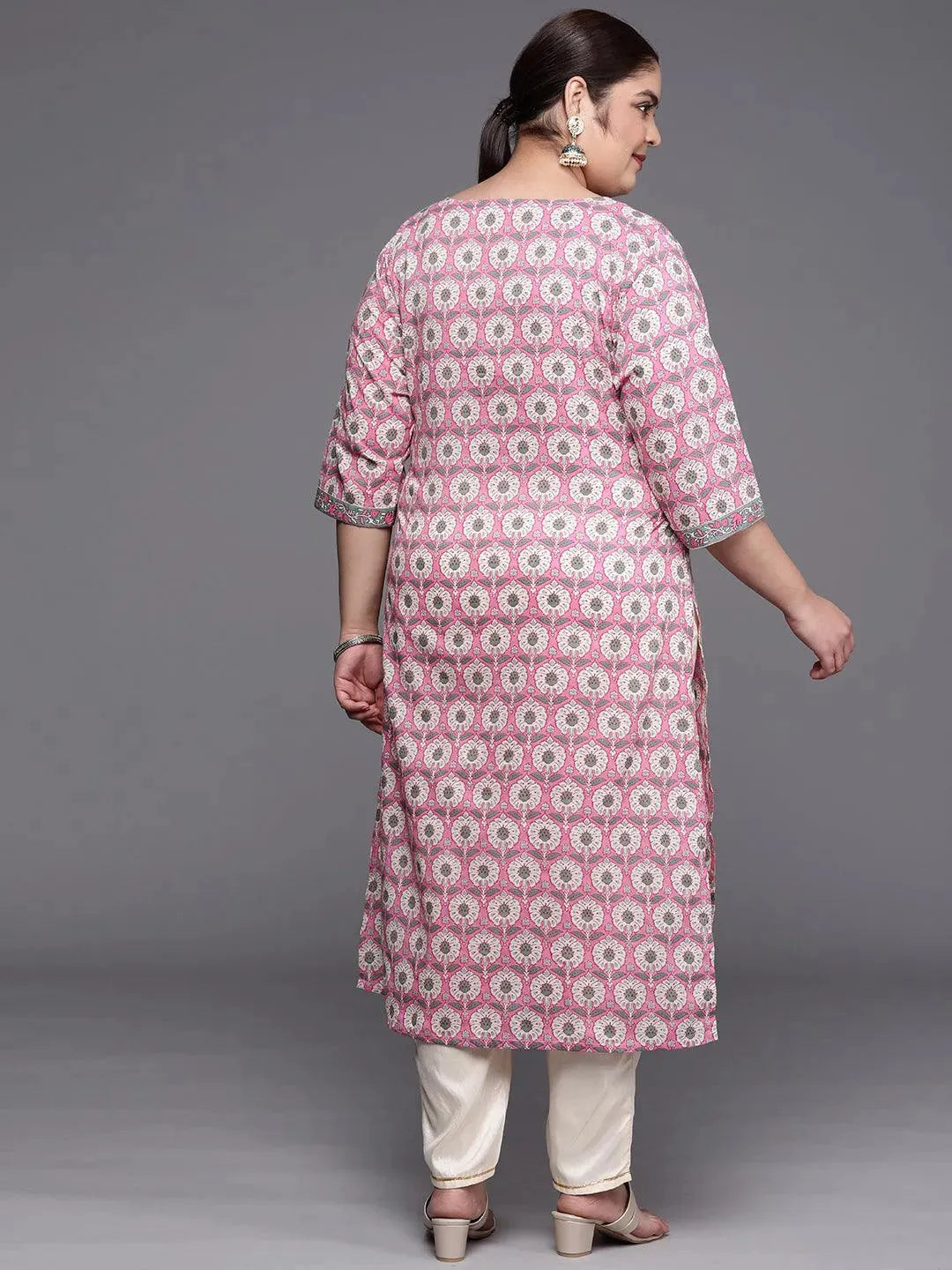 Plus Size Pink Printed Cotton Straight Kurta - Libas 