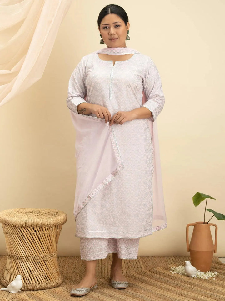 Plus Size Pink Printed Cotton Suit Set - Libas