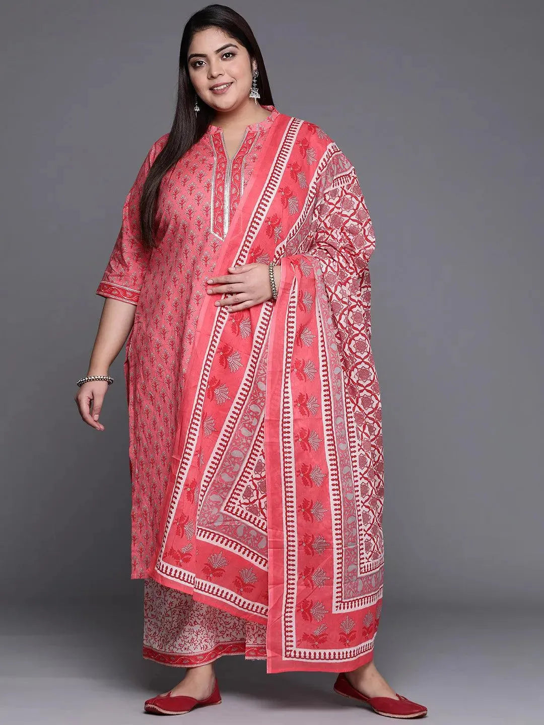 Plus Size Pink Printed Cotton Suit Set - Libas