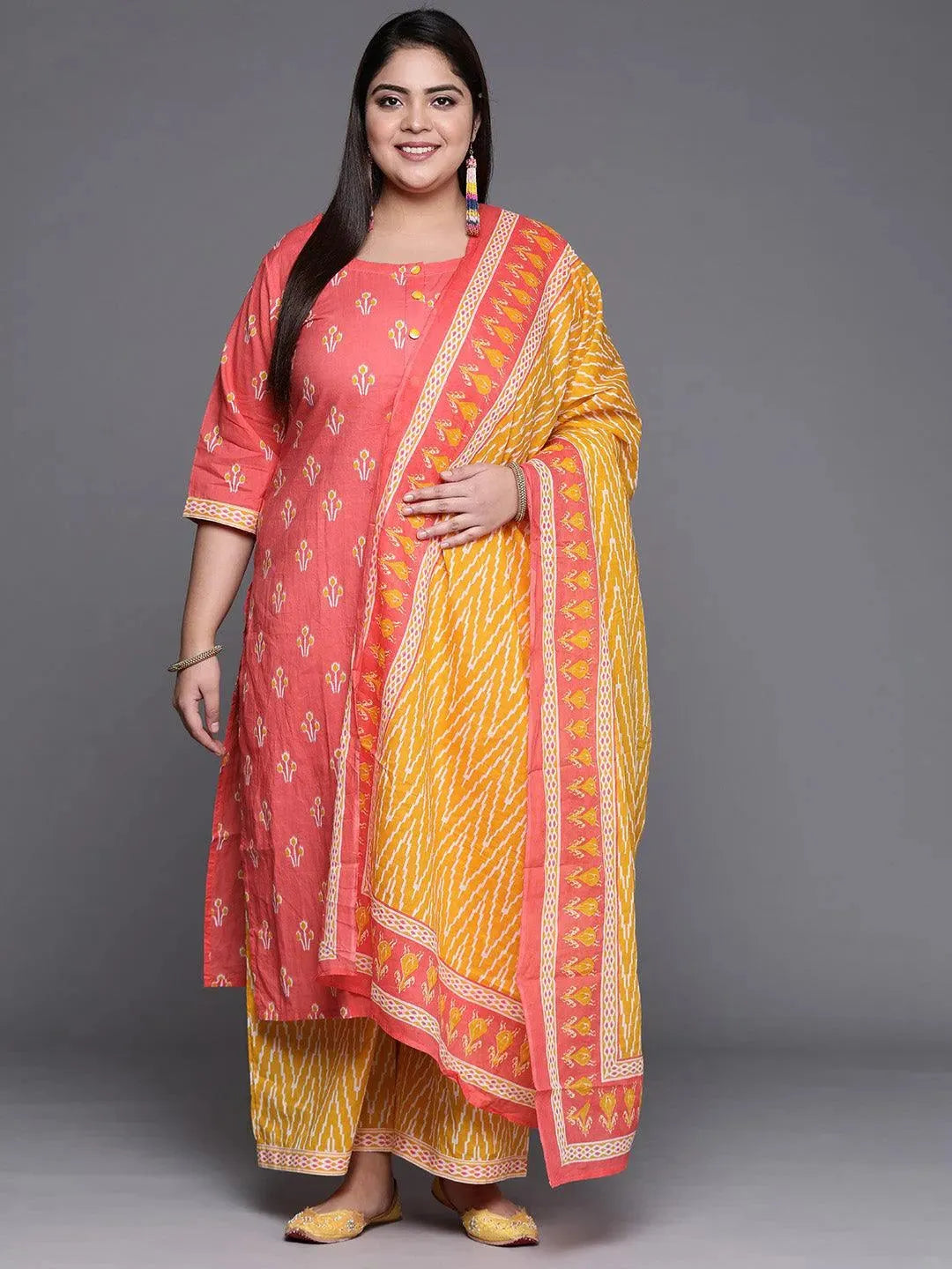 Plus Size Pink Printed Cotton Suit Set - Libas