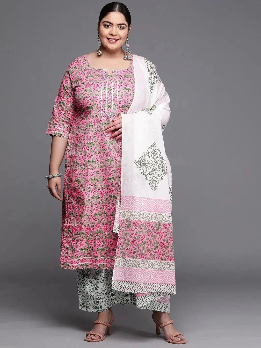 Plus Size Pink Printed Cotton Suit Set - Libas