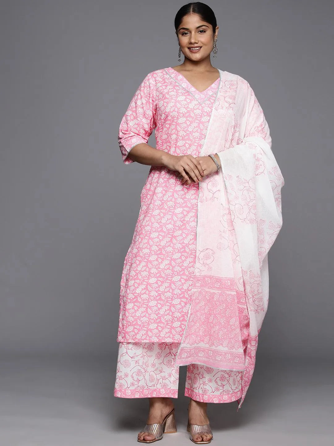 Plus Size Pink Printed Cotton Straight Kurta With Palazzos & Dupatta - Libas