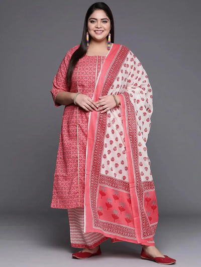 Plus Size Pink Printed Cotton Suit Set - Libas