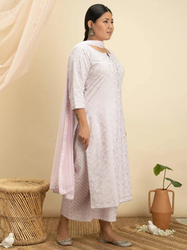 Plus Size Pink Printed Cotton Suit Set - Libas