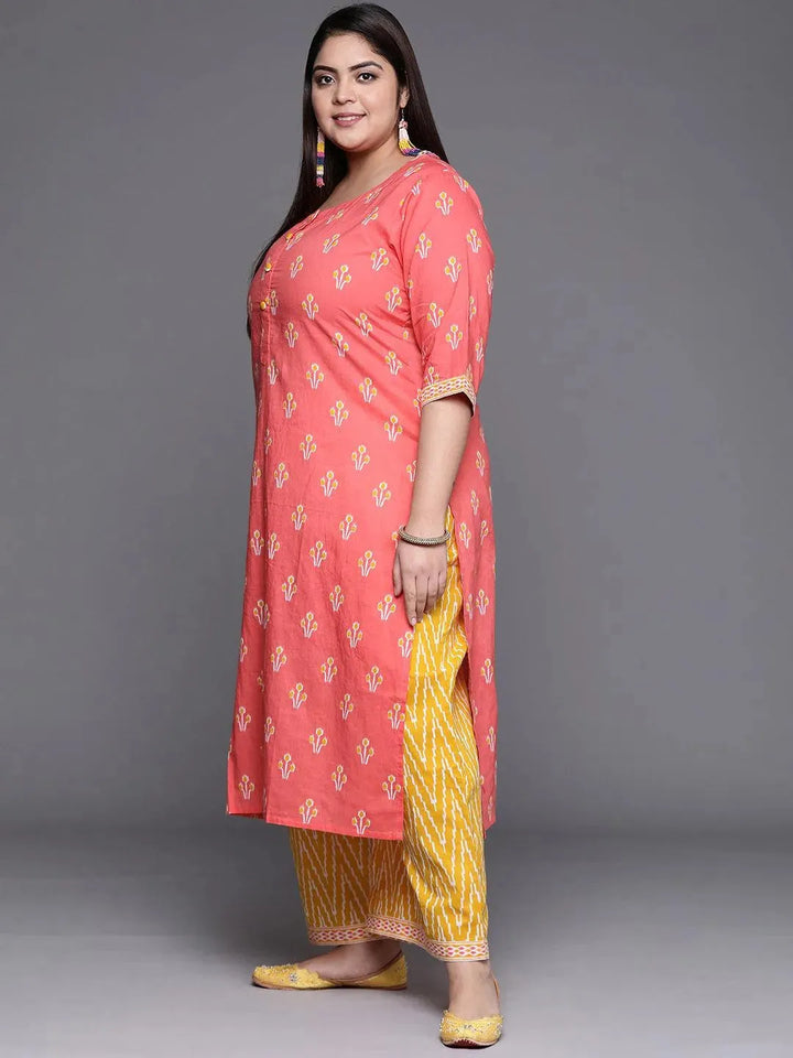 Plus Size Pink Printed Cotton Suit Set - Libas