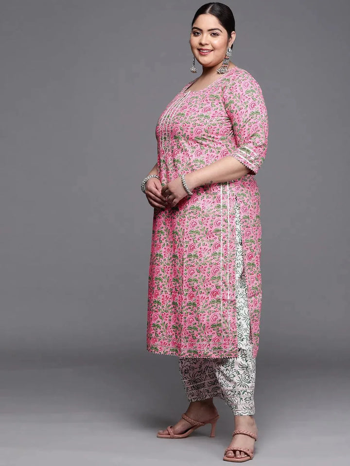 Plus Size Pink Printed Cotton Suit Set - Libas