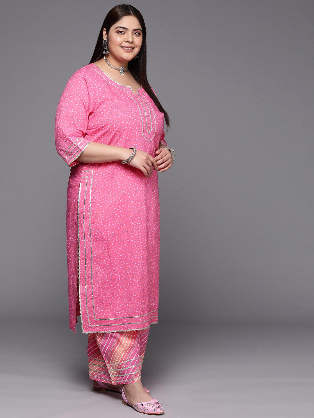 Plus Size Pink Printed Cotton Suit Set With Palazzos - Libas