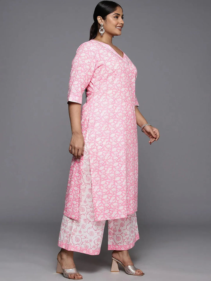 Plus Size Pink Printed Cotton Straight Kurta With Palazzos & Dupatta - Libas