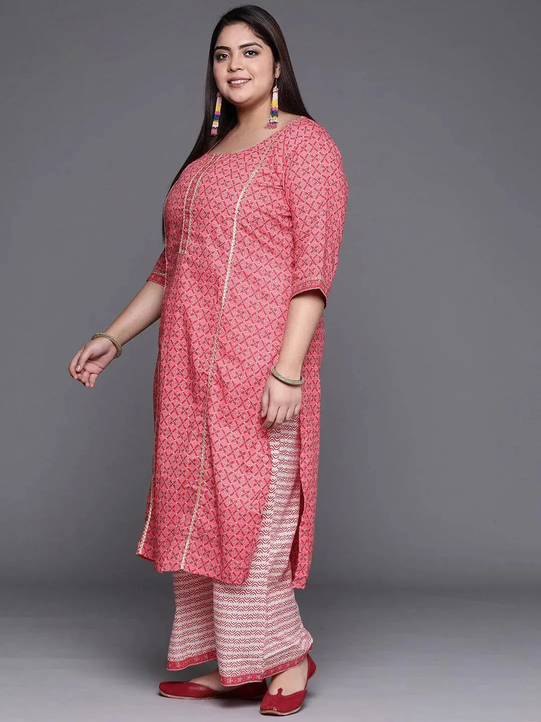 Plus Size Pink Printed Cotton Suit Set - Libas