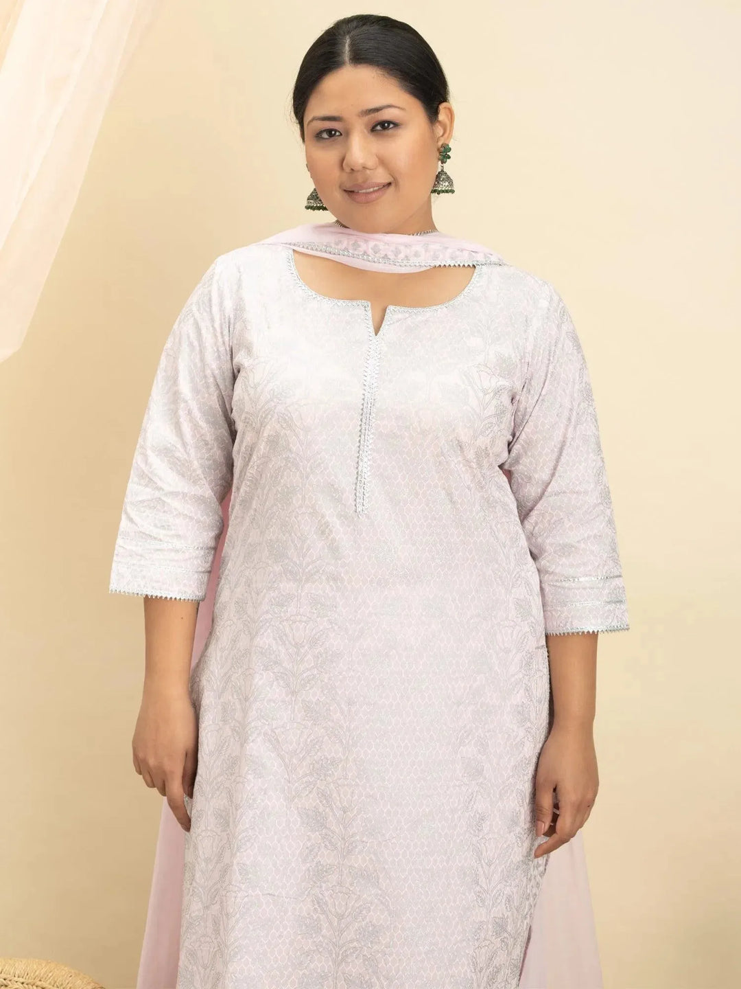 Plus Size Pink Printed Cotton Suit Set - Libas