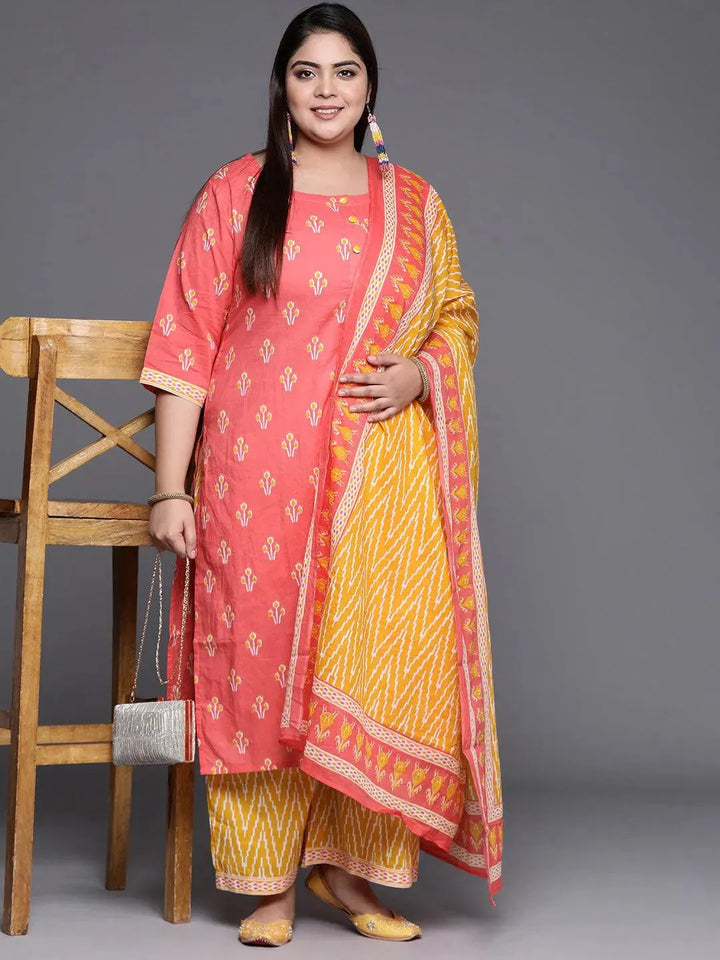 Plus Size Pink Printed Cotton Suit Set - Libas