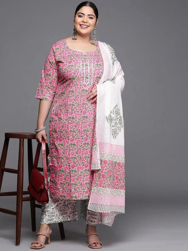 Plus Size Pink Printed Cotton Suit Set - Libas