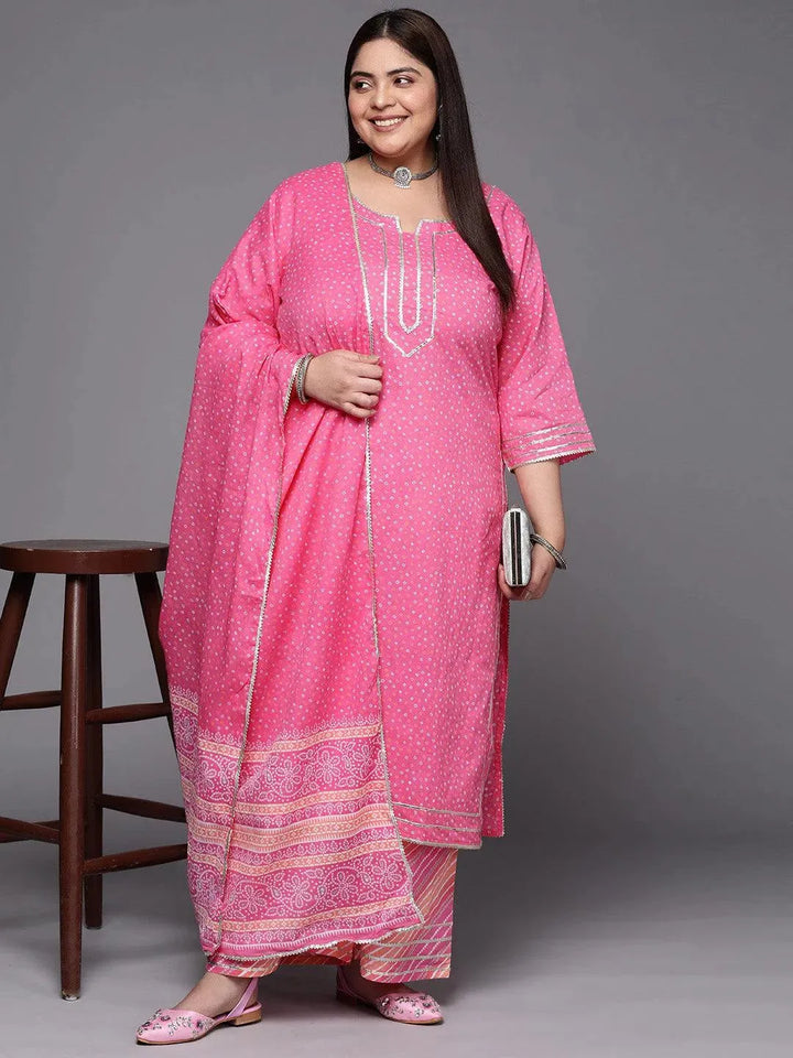 Plus Size Pink Printed Cotton Suit Set With Palazzos - Libas