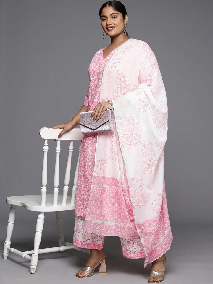 Plus Size Pink Printed Cotton Straight Kurta With Palazzos & Dupatta - Libas