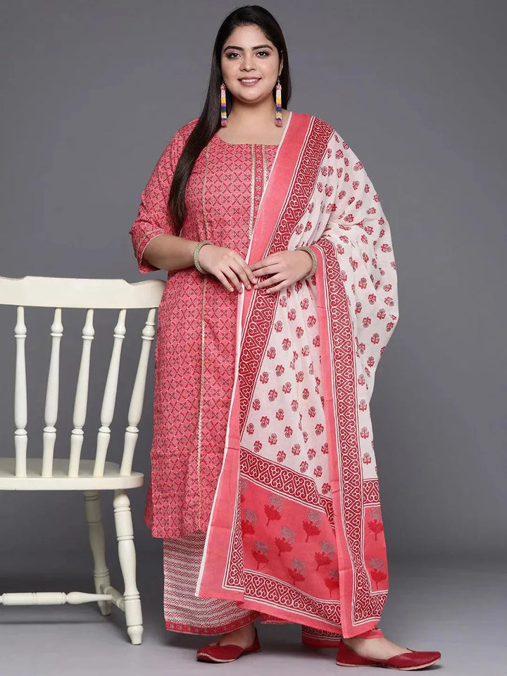 Plus Size Pink Printed Cotton Suit Set - Libas