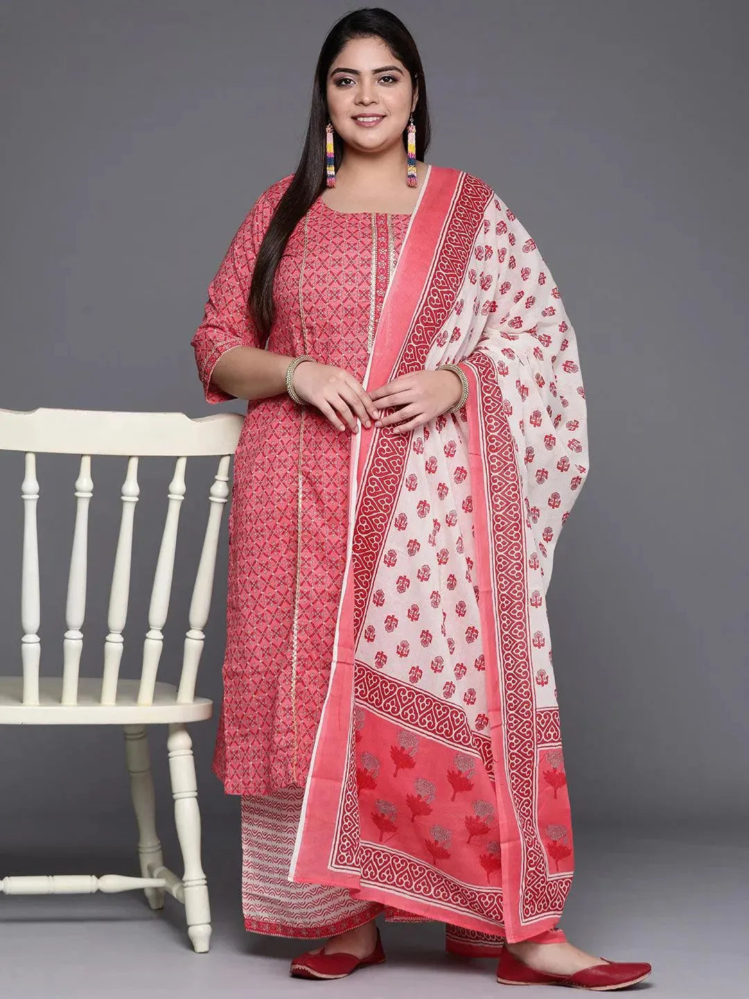 Plus Size Pink Printed Cotton Suit Set - Libas