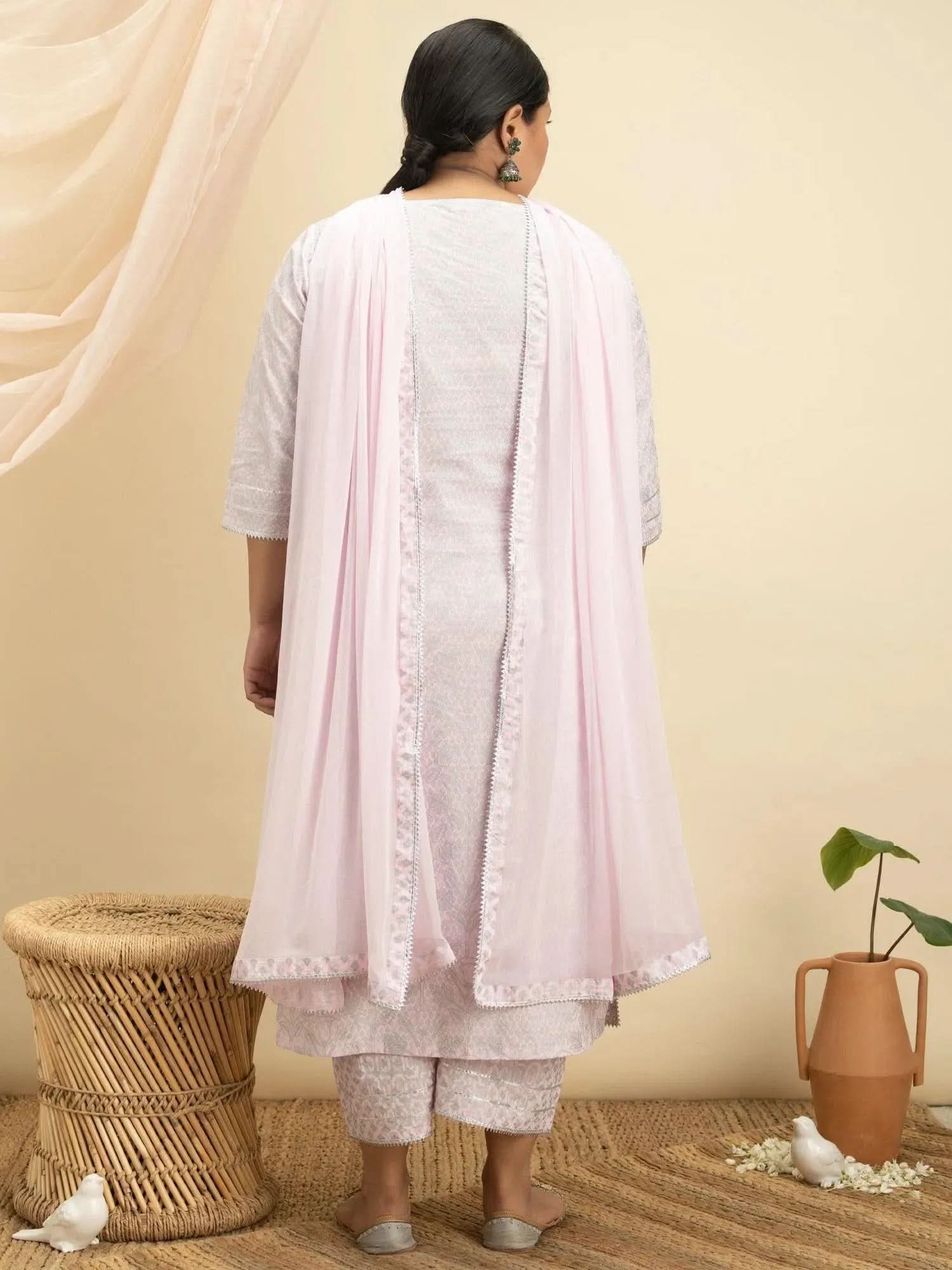 

Buy Pink Cotton Printed Straight Kurta With Cotton Palazzo Dupatta Online